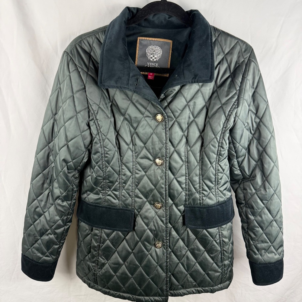 Vince Camuto Green Quilted‎ Jacket Velvet Trim Medium Equestrian Old Money Chic